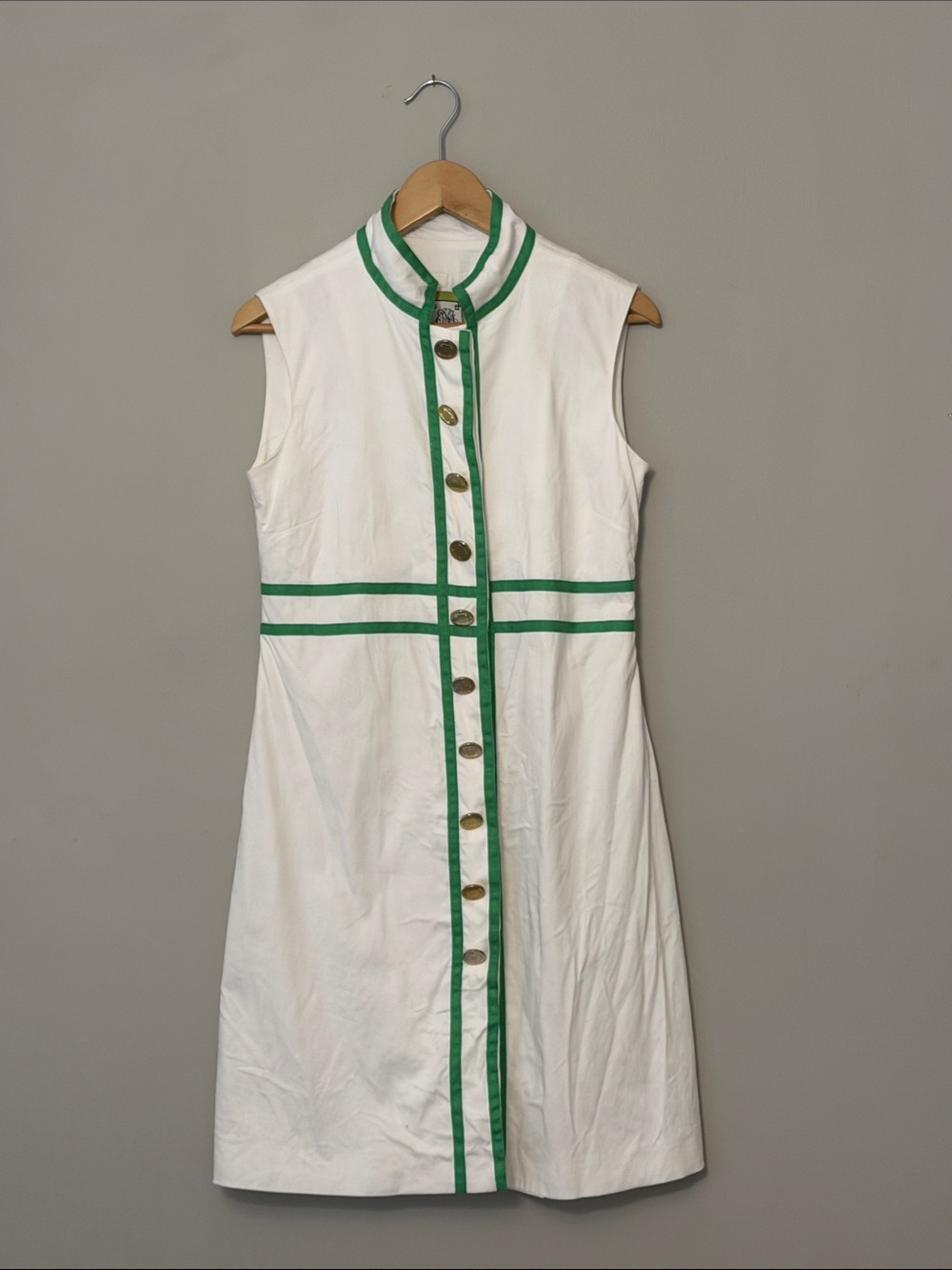 Elizabeth McKay 8 Green Trim Sleeveless Cotton Dress Gold Buttons Resort Preppy